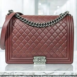 CHANEL Large Boy Bag in Quilted Burgundy with Silver Chain ..Pristine Condition